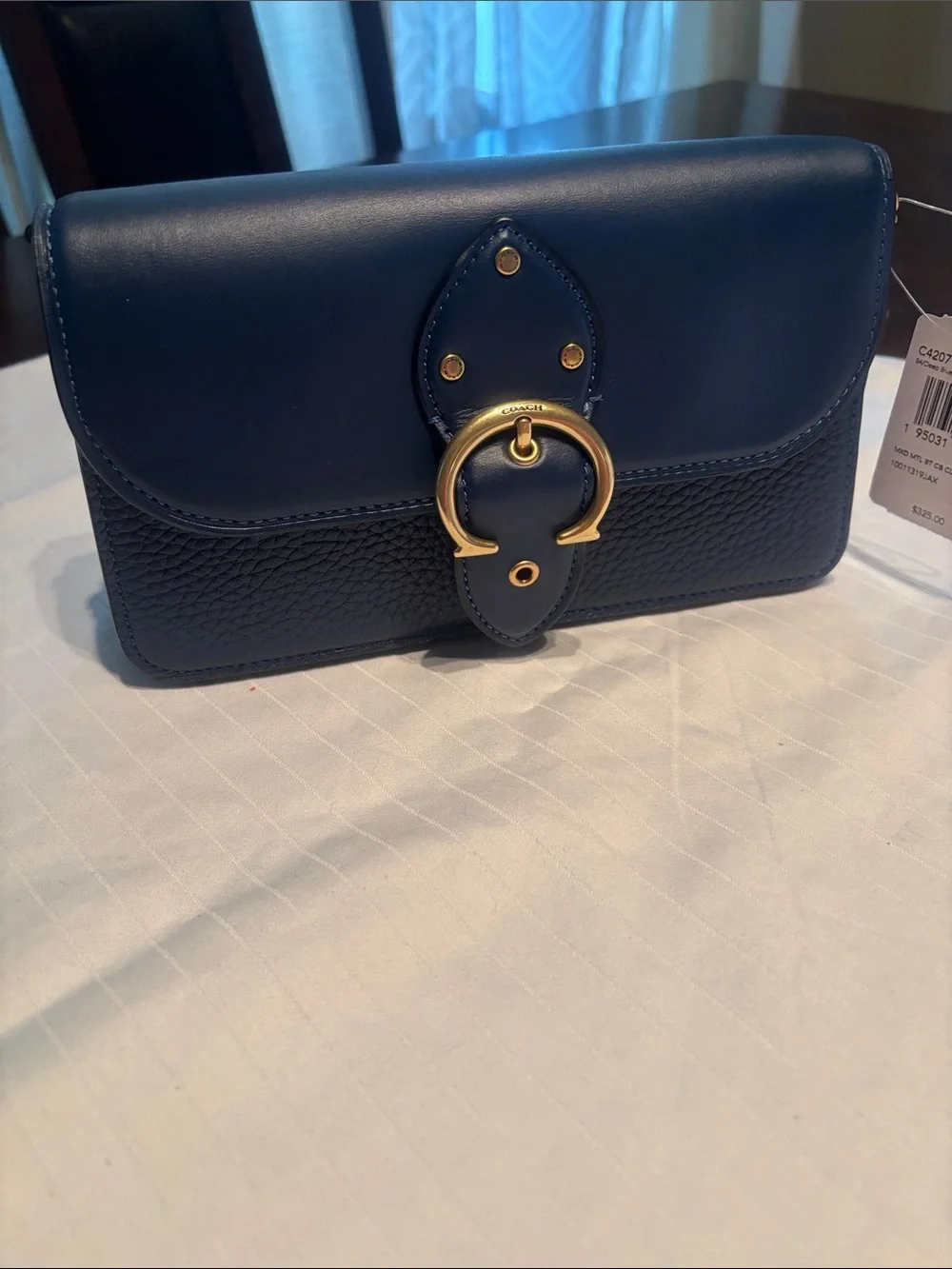 Coach Beat Midnight Blue Leather Crossbody with Gold Ring Accent